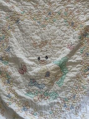 Vintage Precious Moments 45"L X 34"W Blanket Hand Made Baby Crib Embroidered